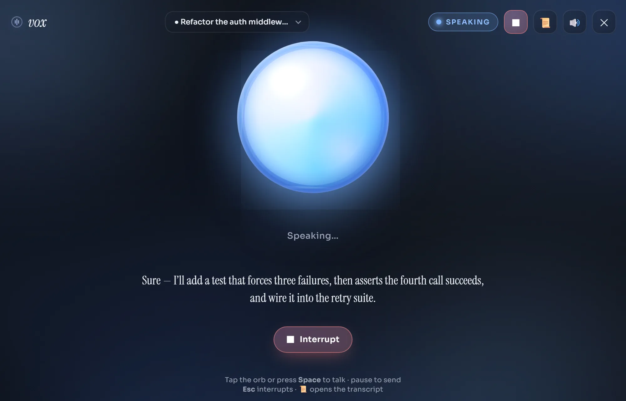 Vox speaking: a blue orb, the assistant's reply shown as a caption, and an Interrupt control in the toolbar.